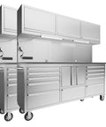 72 Inch Tool Chest With Wheel Locks, 11 Drawers Plus One Double Door Cabinet, Built In Outlet And LEDs, Stainless Pegboard Garage Storage Setup, Heavy Duty Workshop Cabinet Set 2 Pack