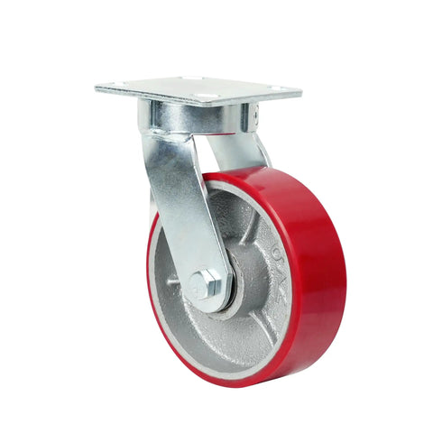 Six Inch Kingpinless Polyurethane Swivel Caster With Reinforced Steel Core 1500 Pound Heavy Duty Rating side view of red wheel