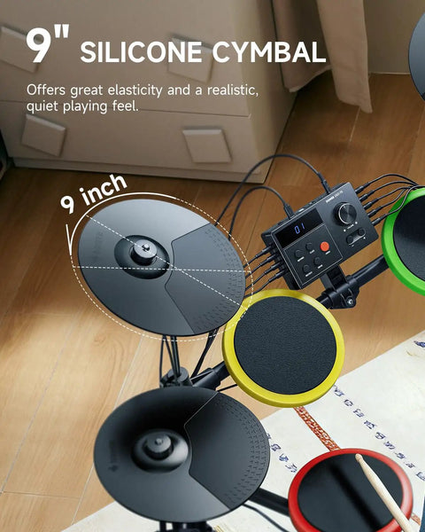 Kids Electric Drum Set 7 Piece With Quiet Silicone Pads And 9 Inch Cymbals, 150 Sounds And 15 Kits, USB MIDI shown