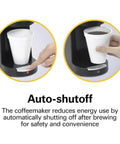 Auto-shutoff feature on Compact 1 Cup Coffee Maker For Office Use, Single Serve Pod Brewer With 3 Minute Brew Time, Black and Stainless Steel.