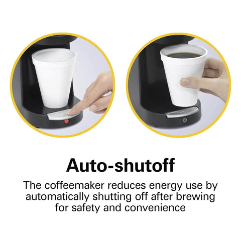 Auto-shutoff feature on Compact 1 Cup Coffee Maker For Office Use, Single Serve Pod Brewer With 3 Minute Brew Time, Black and Stainless Steel.