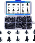 250 Piece 10 Value 6x6mm Tactile Push Button Switch Kit in open case, with individual 4-pin tactile switches for Arduino projects.