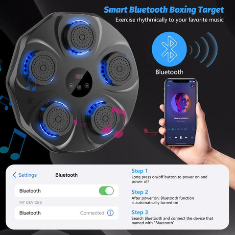Music Boxing Machine Interactive Punching Trainer shown with Bluetooth functionality and smartphone connectivity.