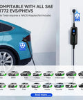 Portable Level 2 EV Charger With 30 Amp Power And 25 Foot Cord quick charging setup with SAE J1772 compatibility for various electric vehicles.