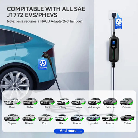 Portable Level 2 EV Charger With 30 Amp Power And 25 Foot Cord quick charging setup with SAE J1772 compatibility for various electric vehicles.