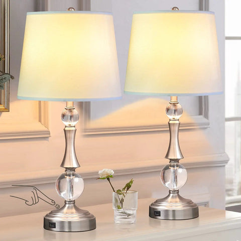 Set Of 2 Touch Control Crystal Table Lamps With USB Port, 3 Way Dimmable Bedside Nightstand Lighting, Silver Finish View