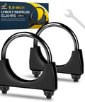 Heavy-Duty 5.0 Inch Exhaust Clamps Set - Rust-Proof Black Saddle-Style U-Bolt Clamps for Secure Pipe Connections shown with packaging and wrench.
