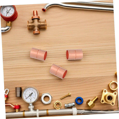 Sick 12 7 Mm Copper Pipe Couplings With Groove Stop for seamless welding, featuring copper fittings on a wooden surface.
