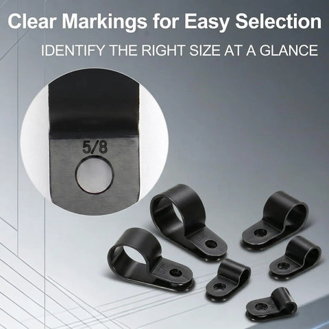 Top Rated 1 Inch R-Type Nylon Cable Clamps Heavy Duty Wire Management Clips With Screws For Home Office showing clear size markings.