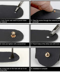Step-by-step guide showing Badass DIY Leather Hardware 125 Piece Round Head Chicago Screw Set installation process on leather.