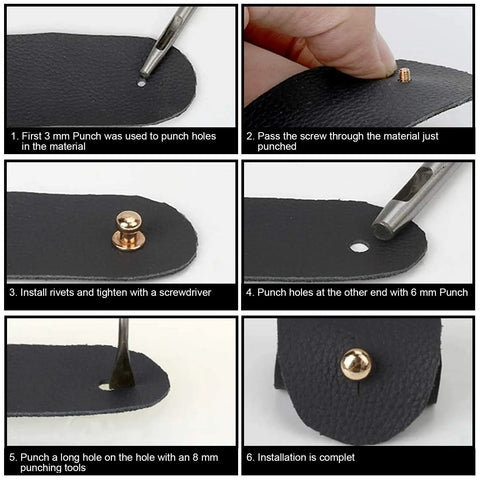 Step-by-step guide showing Badass DIY Leather Hardware 125 Piece Round Head Chicago Screw Set installation process on leather.