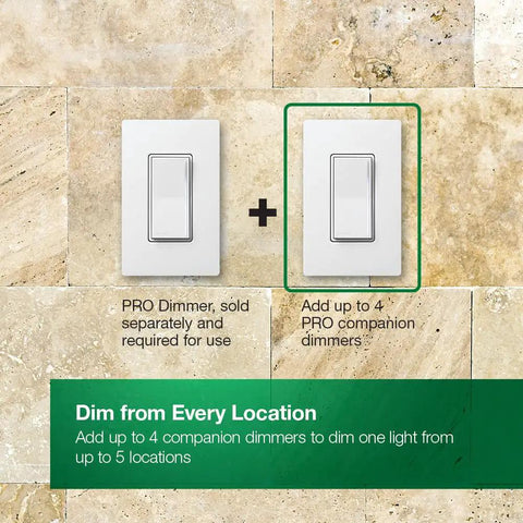Sleek White Companion Dimmer Switch Designed For No Sweat Multi Location Wiring And Flawless Pairing With Sunnata Pro LED Plus Controllers Chill Smooth Dimming Easy Retrofit Fix shown with wall plate.