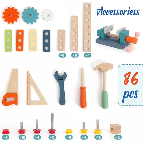 Wooden Kids Tool Bench Set With 86 Accessories including colorful saw, hammer, wrench, gears, and storage pieces for pretend play.