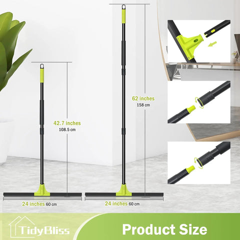 Heavy Duty 24 Inch Floor Squeegee With 62 Inch Telescoping Handle For Fast Water Cleanup On Concrete Pools Decks Garages Showers Windows And More Green For Indoor And Outdoor Use shown upright on a floor with size details.