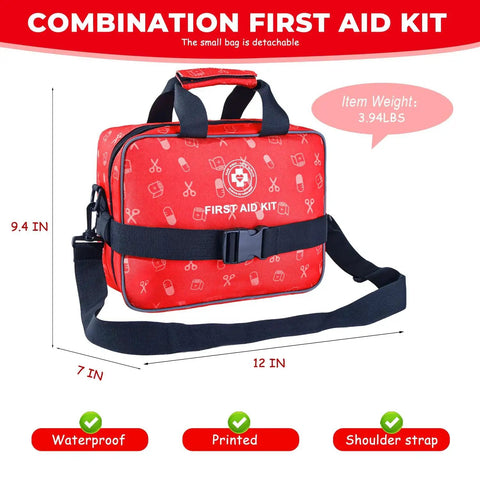 Ultimate 530 Piece Go-To First Aid Kit For Home Car Camping Travel Hiking And Outdoor Adventures With Scissors Gloves Poncho Compass Bandages And Comprehensive Medical Supplies For Any Situation in red bag with shoulder strap