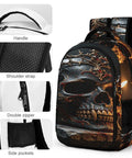 Ornate Dark Royal Skull Printed Unisex Backpack with large capacity, polyester material, breathable comfort, and smooth zipper.