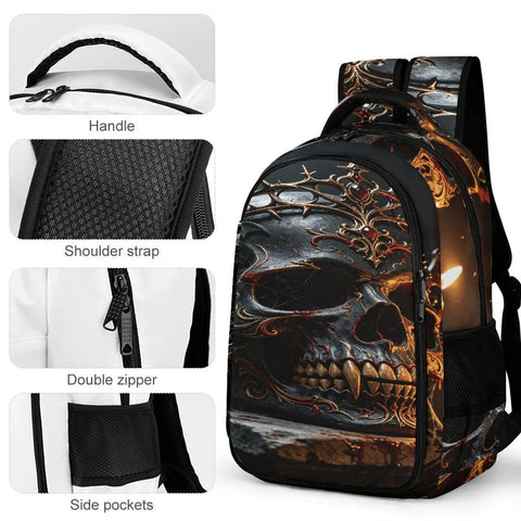 Ornate Dark Royal Skull Printed Unisex Backpack with large capacity, polyester material, breathable comfort, and smooth zipper.