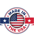 Made in USA circular badge with American flag center and red-blue border (front view)