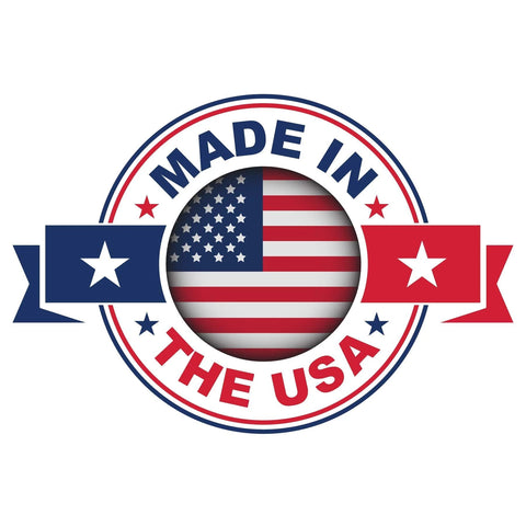 Made in USA circular badge with American flag center and red-blue border (front view)