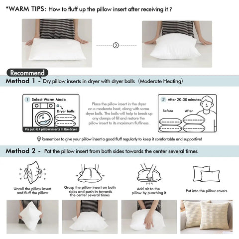 Instruction guide for fluffing Pack Of 2 18x18 Outdoor Pillow Inserts, showing drying method and manual fluffing steps.
