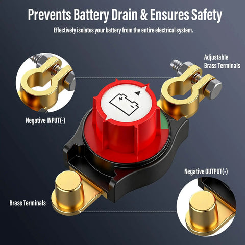 12V Battery Disconnect Switch IP67 Waterproof Cut Off with brass terminals for cars, trucks, RVs, and marine vehicles