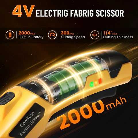 Electric Scissors With Led Light High Efficiency Brushless Motor 2000 Mah Battery Tungsten Steel Blade Cordless Power Cutter For Cardboard Carpet Cloth And Wire Rope Cutting Tool Yellow close-up showing battery indicator.