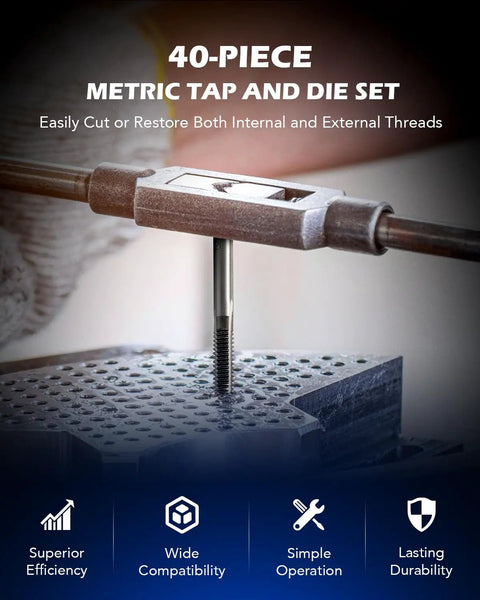 Close-up of Metric Tap And Die Set Kit Pro Grade All In One With Long Handled Wrench and T Handles in use for thread repair.