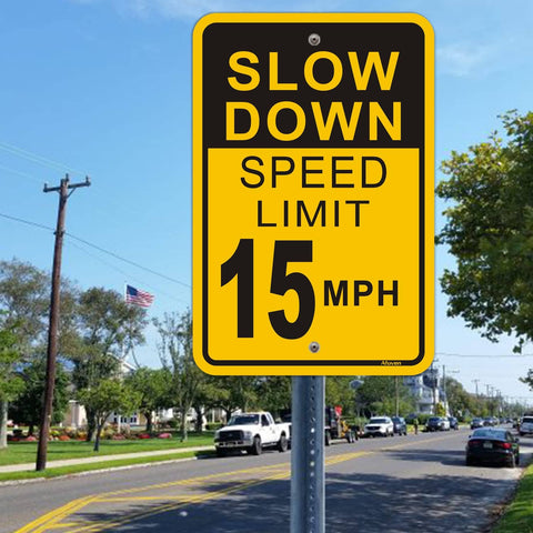 Slow Down Speed Limit 15 MPH Sign 2 Pack Outdoor Aluminum Traffic Sign 12x18 Inch High Visibility Reflective Rust Free Waterproof Easy Mounting for Roads and Driveways