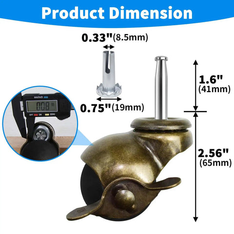Product dimension illustration of Heavy Duty Two Inch Brass Ball Casters With Locking Brakes, with measurements shown.