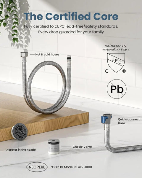 Touchless Kitchen Faucet With Pull Down Sprayer, Motion Sensor Hands Free Convenience, Single Handle Smart Sink Faucet components showing hot and cold hoses, quick-connect hose, aerator, and check valve.