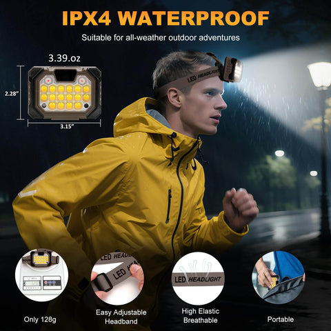Man running with Go-To Rechargeable Headlamp With 1000 Lumen Output in rain, showing IPX4 waterproof feature, ideal for outdoor use