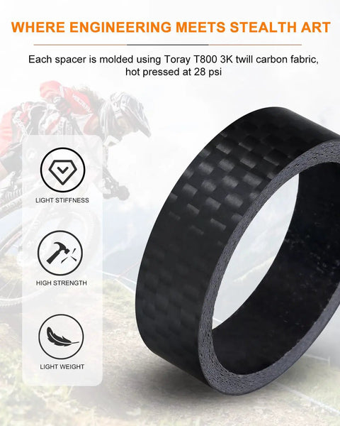 Close-up of carbon fiber spacer with matte finish for Six Sizes Half One Three Five Ten Fifteen Mm Carbon Fiber Headset Spacers