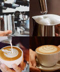 12oz Stainless Steel Milk Frother Pitcher For Lattes And Cappuccinos, Barista Grade Steaming Cup With Latte Art Pen shown in use