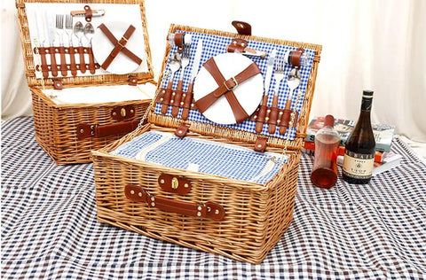 Family Size Wicker Picnic Basket Set For 4 To 6 Peeps With Waterproof Blanket And Stainless Cutlery Kit displayed open