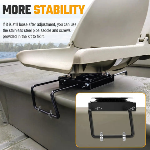 Heavy Duty Adjustable Clamp Boat Seat Mount With 360 Degree Swivel Rotation Fits Marine Bench Seats Nine To Nineteen Inches secured on boat.