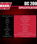 Specifications for 2000 Lb 12V Electric Winch With Steel Cable, including motor, gear train, and dimensions shown on red background.