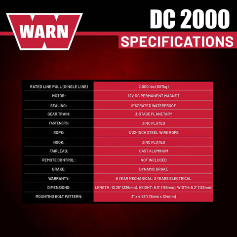 Specifications for 2000 Lb 12V Electric Winch With Steel Cable, including motor, gear train, and dimensions shown on red background.