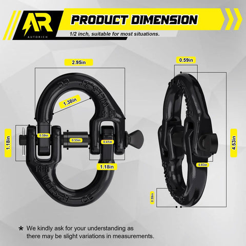 Safety Chain Connector Link One Half Inch Tow Hitch Hammerlock Coupling Link Heavy Duty G80 Alloy Steel dimensions diagram
