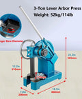 Kickass Heavy-Duty Ratchet Lever Arbor Press With Handwheel, Hella Sturdy Industrial Frame For Quick Lift Bearing Pressing, Punching, Riveting And Bending 3 Ton Model with dimensions displayed
