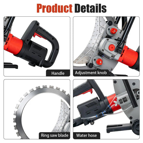 Badass Build 9000W Brushless Motor Electric Wall Saw with handle, adjustment knob, ring saw blade, and water hose.
