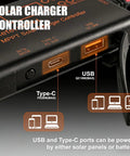 Close-up of 12V 10A MPPT Solar Charge Controller with PD 36W USB-C and QC 18W outputs for LiFePO4 AGM and Gel batteries