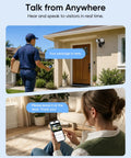 SZPOWER 2K Floodlight Camera, 3000K Hardwired Smart Security Camera Outdoor, delivery person at door interacting with smartphone.