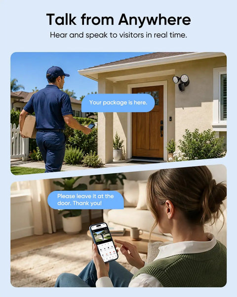 SZPOWER 2K Floodlight Camera, 3000K Hardwired Smart Security Camera Outdoor, delivery person at door interacting with smartphone.