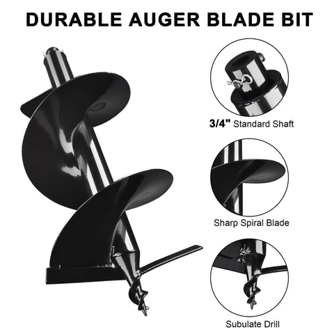 12 Inch Earth Auger Drill Bit For Planting With Extra Long 31.5 Inch Depth, Fits Post Hole Digger Powerheads, showing sharp spiral blade and 3/4 inch shaft