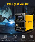 Yellow MIG 200Pro Welder With 110/220V Dual Voltage And Large LED Display in use, welding metal in workshop