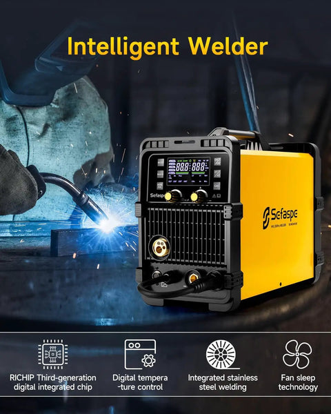Yellow MIG 200Pro Welder With 110/220V Dual Voltage And Large LED Display in use, welding metal in workshop