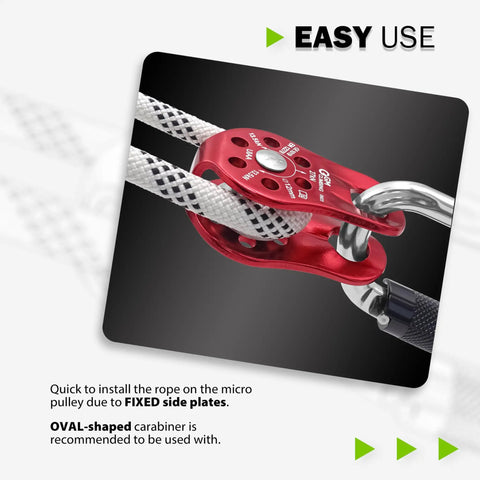 Fixed Micro Pulley for Climbing With 27kN Rating CE UIAA Certified Works With 12mm Rope in use with carabiner