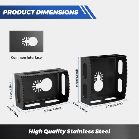 Upgraded Stainless Steel Square Slot Cutter For Drywall Outlet Box dimensions, showing sizes of 9.7cm and 6.3cm suitable for electrical cutouts.