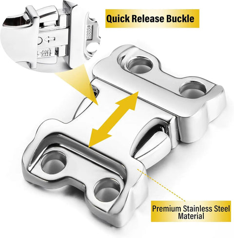 Fast Release Stainless Steel Dog Collar Buckle For Small Medium Large Dogs Rustproof Water Resistant Easy On Off Training Collar Buckle 2.25mm For All Breeds, showing close-up of chrome-plated buckle.