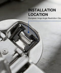 Close-up of 50 Pack Cabinet Hinge Restrictor Clips, 90 Degree Stop for soft-close hinges installation location
